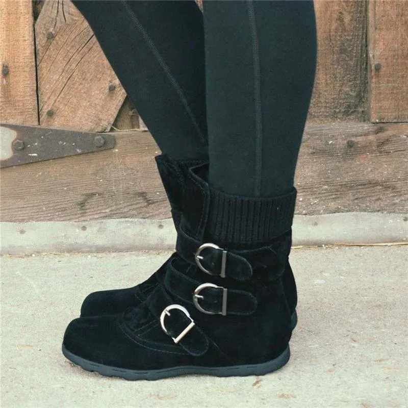Cushioned Low-Calf Knitted Fabric Zipper Buckled Slip On Boots