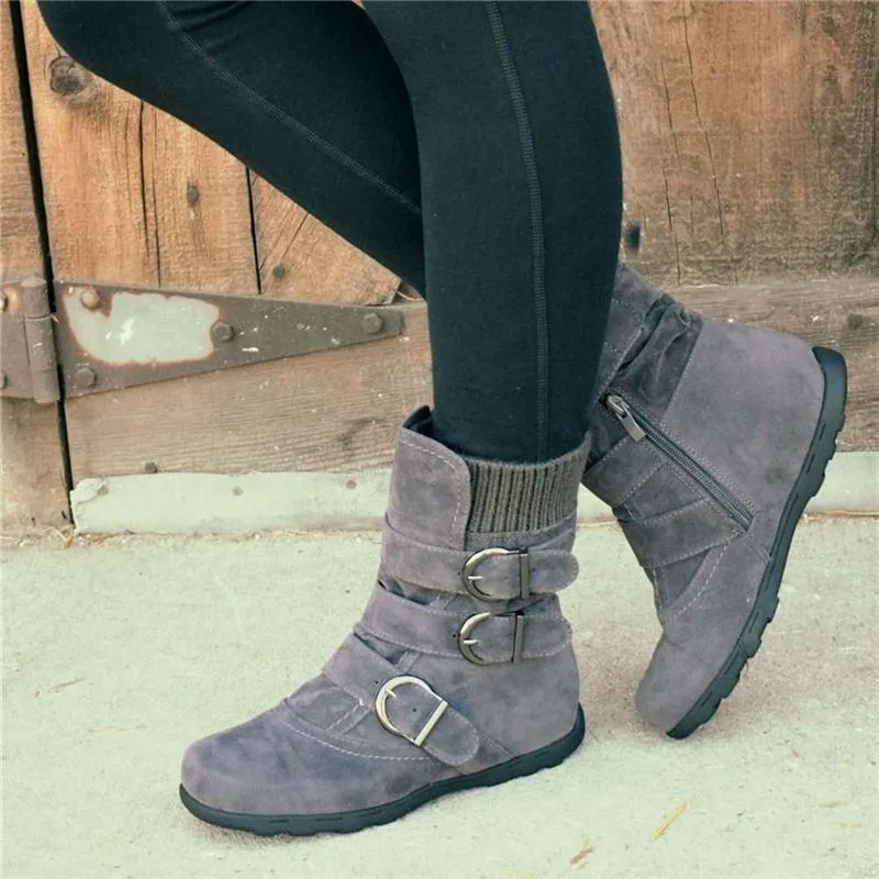 Cushioned Low-Calf Knitted Fabric Zipper Buckled Slip On Boots