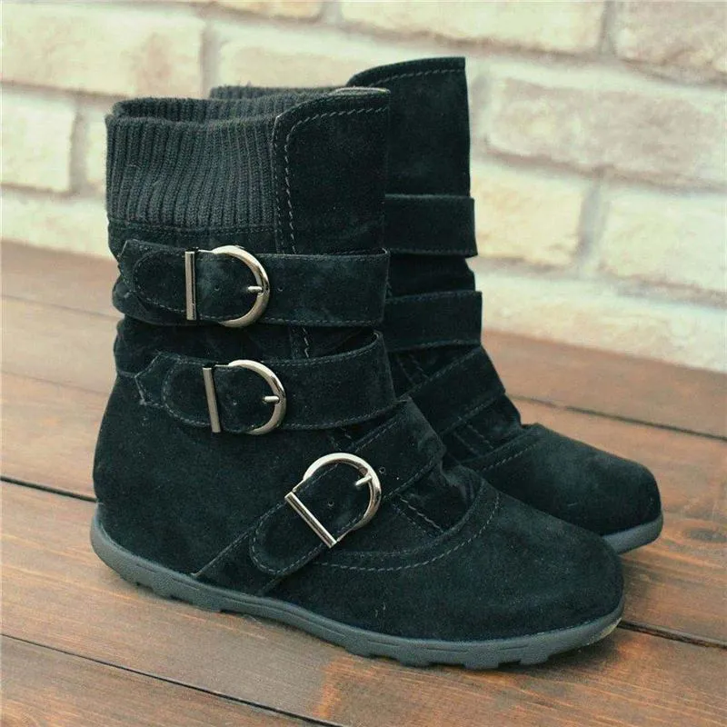 Cushioned Low-Calf Knitted Fabric Zipper Buckled Slip On Boots