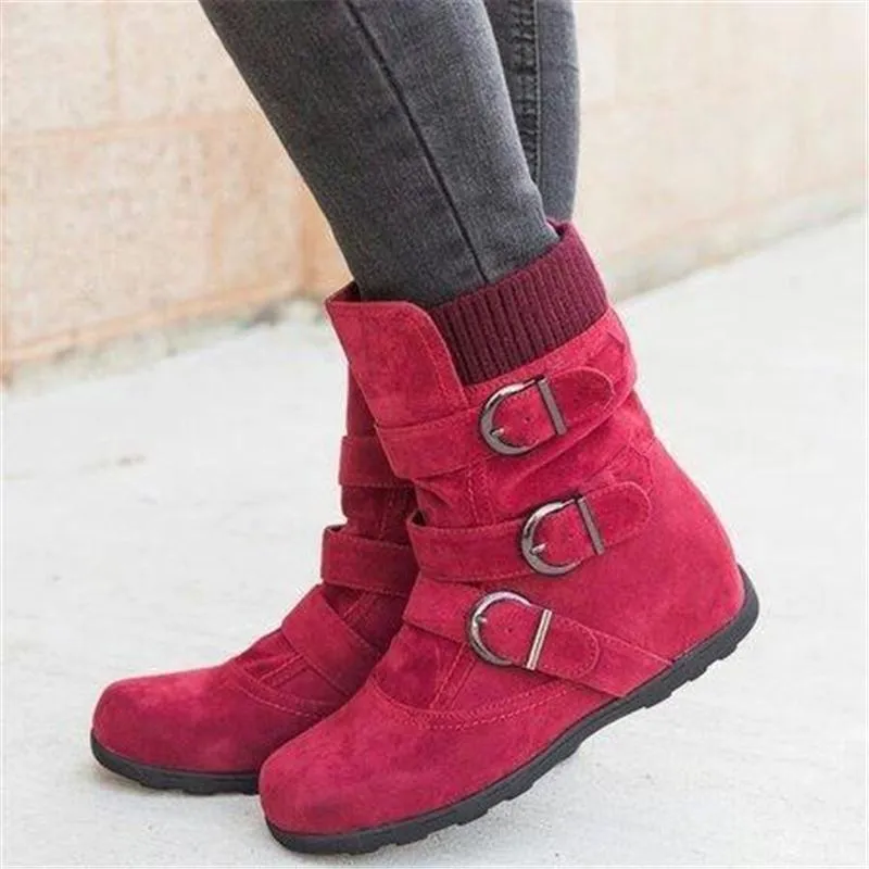 Cushioned Low-Calf Knitted Fabric Zipper Buckled Slip On Boots