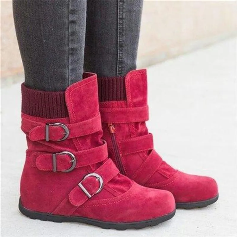 Cushioned Low-Calf Knitted Fabric Zipper Buckled Slip On Boots