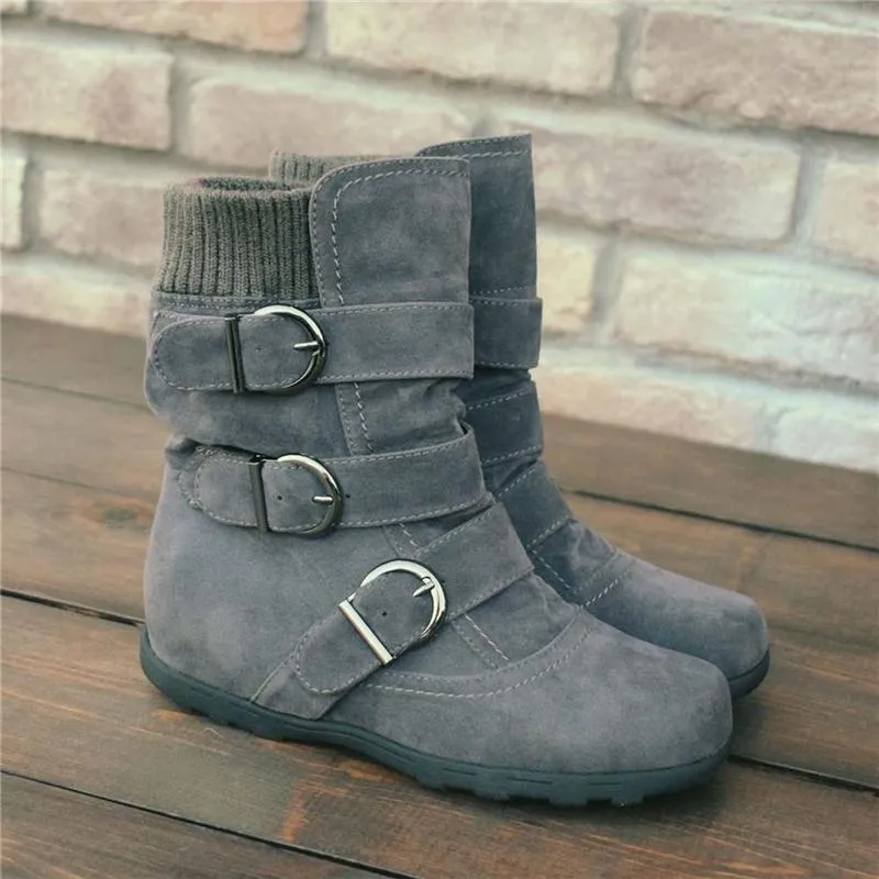 Cushioned Low-Calf Knitted Fabric Zipper Buckled Slip On Boots