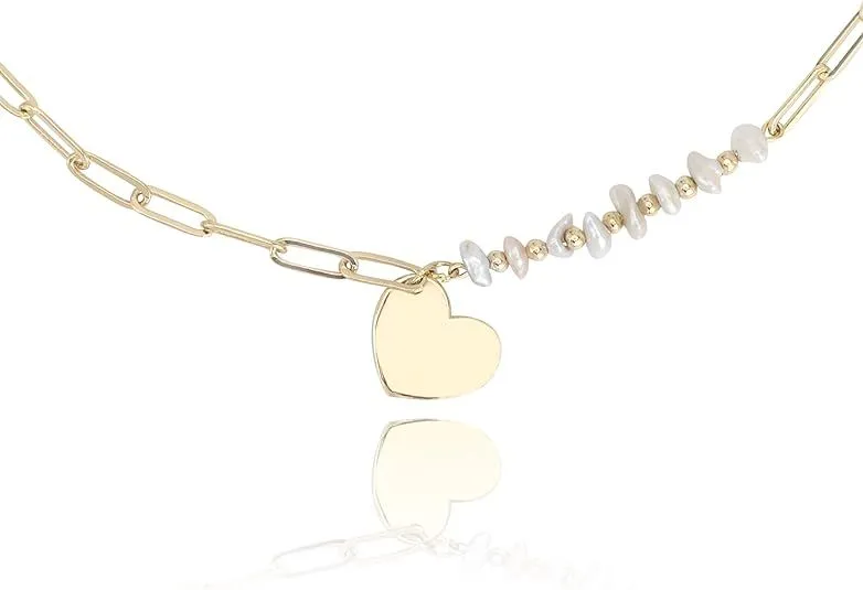 Dainty Heart Shaped Pendant Necklace Paperclip Chain 18K Gold Plated Embellished with Baroque Pearls | Non Tarnish & Waterproof | Additional 3” Extender Included