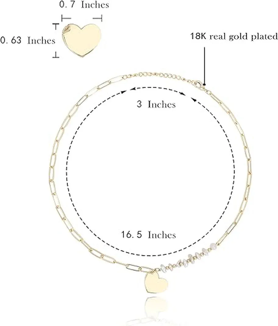 Dainty Heart Shaped Pendant Necklace Paperclip Chain 18K Gold Plated Embellished with Baroque Pearls | Non Tarnish & Waterproof | Additional 3” Extender Included