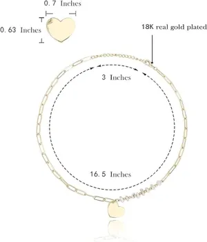 Dainty Heart Shaped Pendant Necklace Paperclip Chain 18K Gold Plated Embellished with Baroque Pearls | Non Tarnish & Waterproof | Additional 3” Extender Included