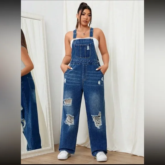 Dark wash distressed wide leg denim overalls