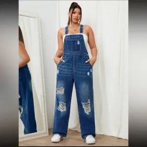 Dark wash distressed wide leg denim overalls