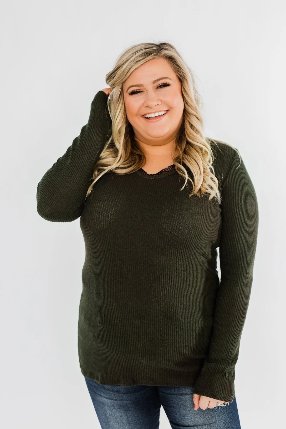 Don't Think Twice Lace Trimmed Top- Dark Olive