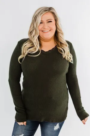 Don't Think Twice Lace Trimmed Top- Dark Olive