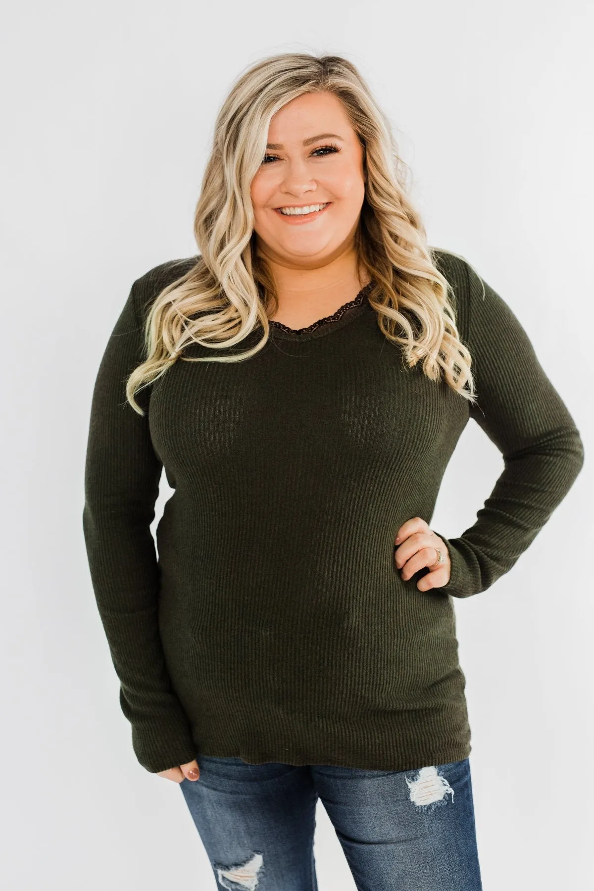 Don't Think Twice Lace Trimmed Top- Dark Olive