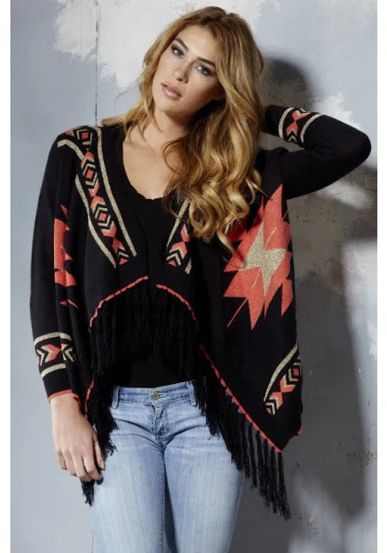 Elan | Aztec Print Sweater Cardigan Black