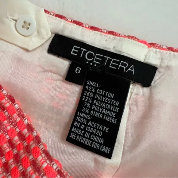 Etcetera Tweed Skirt Striped Neon Coral Pink Size 6 NWOT