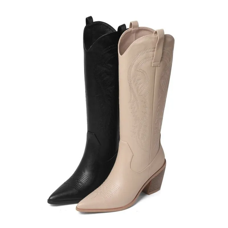 Femme Shoes Embroidery Low Heel Knight Boots