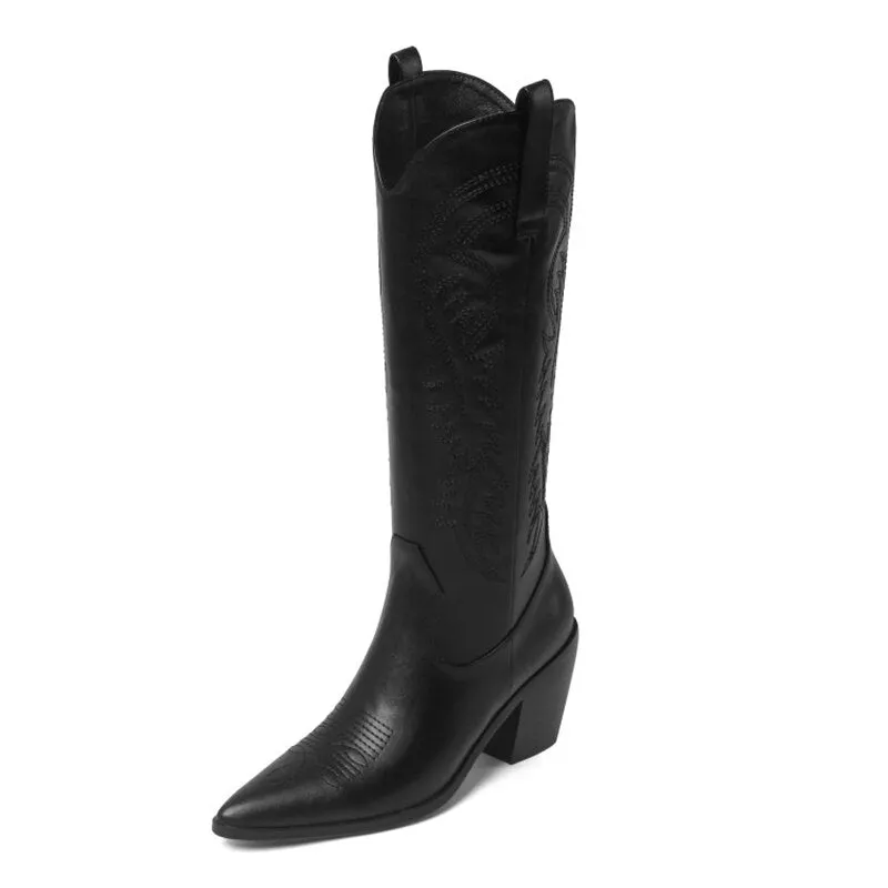 Femme Shoes Embroidery Low Heel Knight Boots