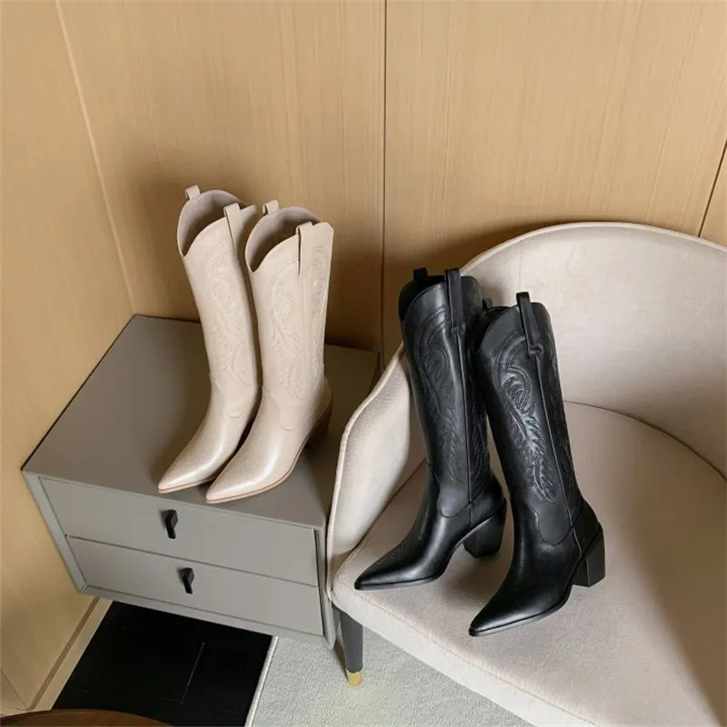 Femme Shoes Embroidery Low Heel Knight Boots