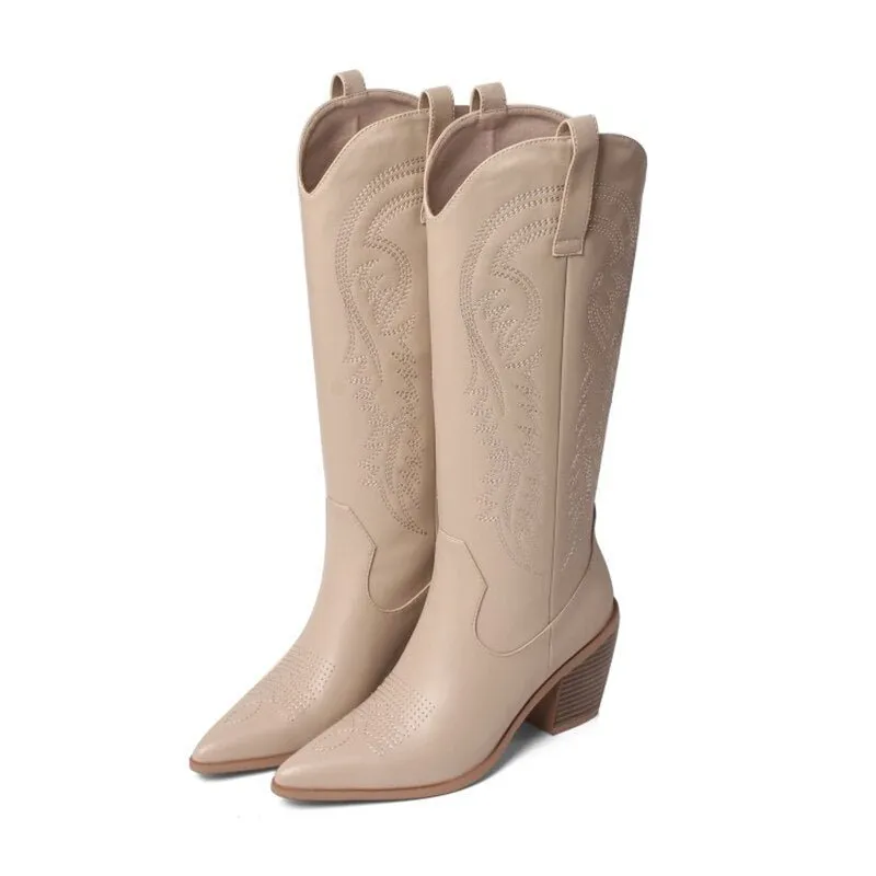 Femme Shoes Embroidery Low Heel Knight Boots