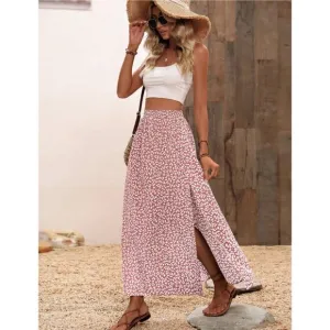 Floral print high waisted slit maxi skirt boho pink white