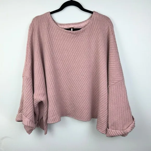 Free People Pink I Can’t Wait Cropped Cuff Oversized Sweater Rose Pink Women's L