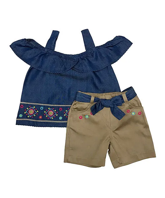 Girl Denim Embroidered Short Sets 2-8