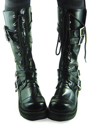 Gothic Black Lolita Boots Chunky Heels Shoelace Straps Buckles