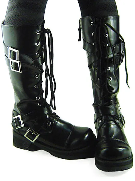 Gothic Black Lolita Boots Chunky Heels Shoelace Straps Buckles