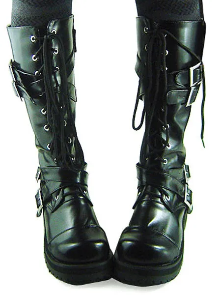 Gothic Black Lolita Boots Chunky Heels Shoelace Straps Buckles
