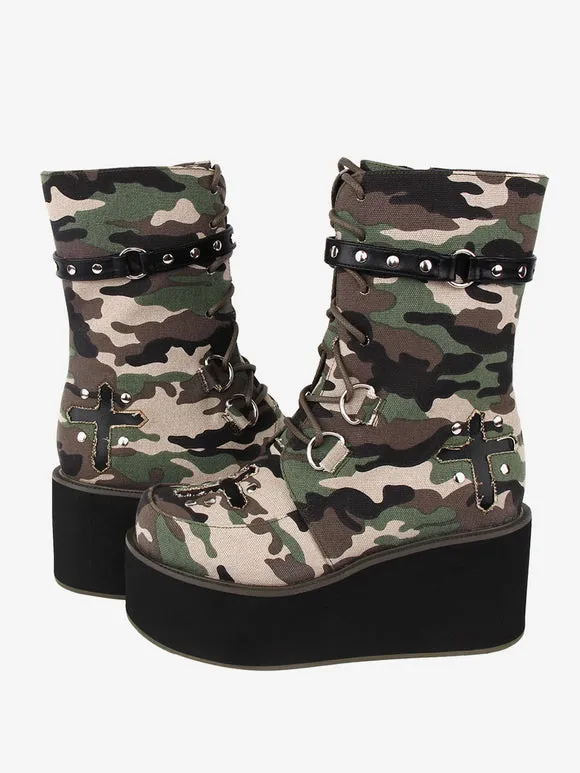 Gothic Lolita Boots Canvas Woven Grommets Round Toe As Image Lolita Footwear