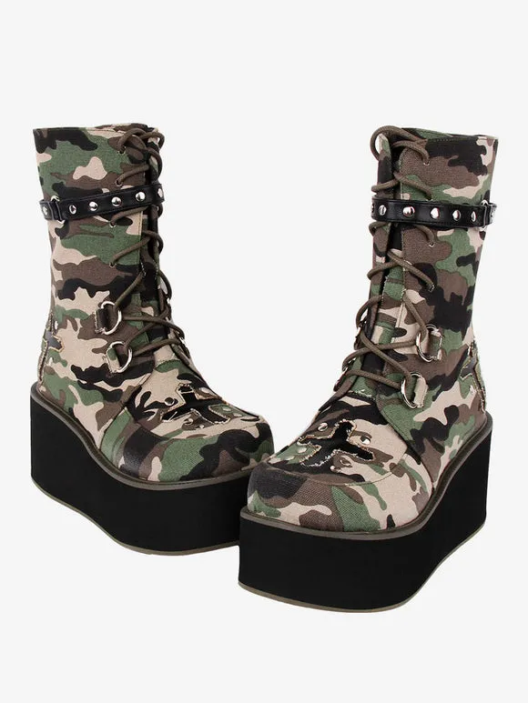 Gothic Lolita Boots Canvas Woven Grommets Round Toe As Image Lolita Footwear