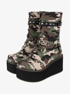 Gothic Lolita Boots Canvas Woven Grommets Round Toe As Image Lolita Footwear