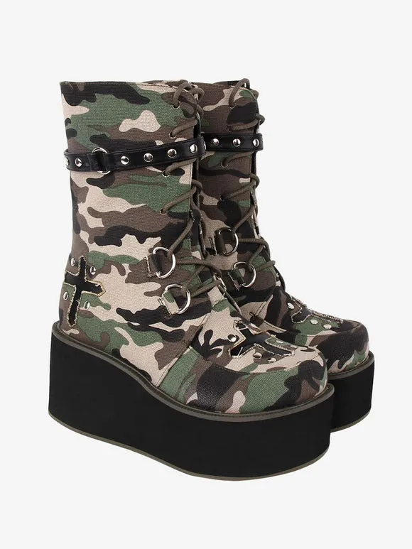 Gothic Lolita Boots Canvas Woven Grommets Round Toe As Image Lolita Footwear