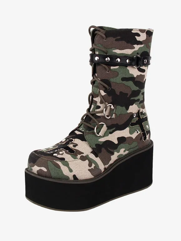 Gothic Lolita Boots Canvas Woven Grommets Round Toe As Image Lolita Footwear