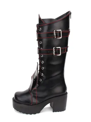 Gothic Lolita Boots Grommet Cross Lace Up Buckle Platform Chunky High Heel Black Lolita Shoes