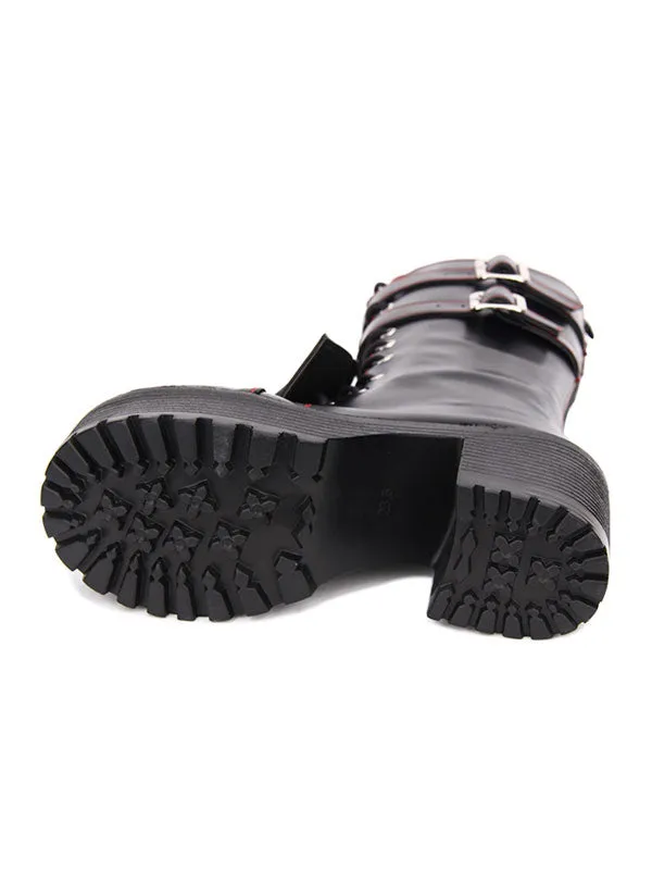 Gothic Lolita Boots Grommet Cross Lace Up Buckle Platform Chunky High Heel Black Lolita Shoes
