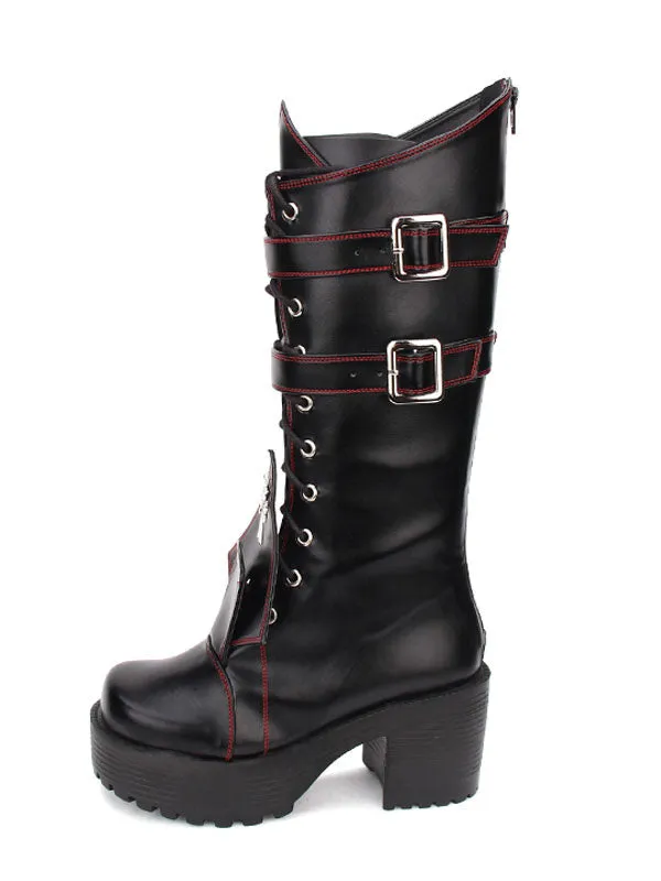 Gothic Lolita Boots Grommet Cross Lace Up Buckle Platform Chunky High Heel Black Lolita Shoes