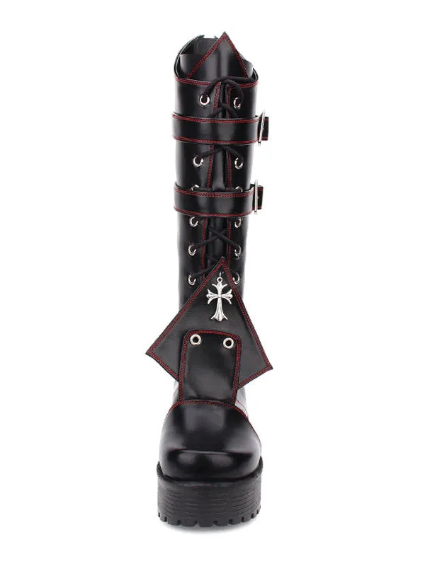 Gothic Lolita Boots Grommet Cross Lace Up Buckle Platform Chunky High Heel Black Lolita Shoes