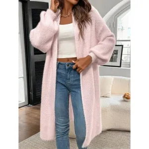 Herringbone long cardigan sweater baby light pink pockets
