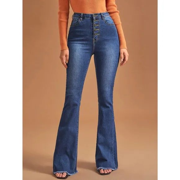 High Waist Button Front Flare Leg Jeans dark wash button fly