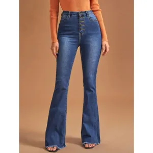 High Waist Button Front Flare Leg Jeans dark wash button fly