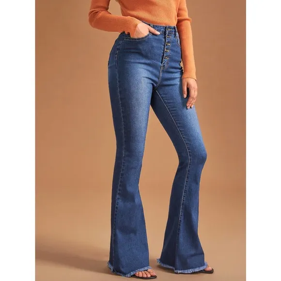 High Waist Button Front Flare Leg Jeans dark wash button fly