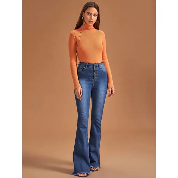 High Waist Button Front Flare Leg Jeans dark wash button fly