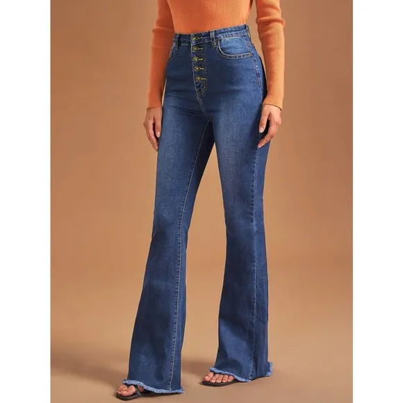 High Waist Button Front Flare Leg Jeans dark wash button fly