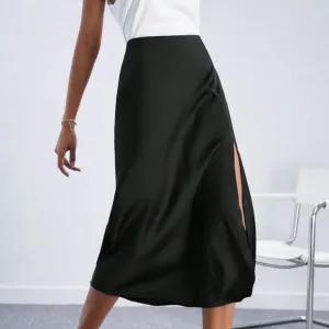High waisted satin midi skirt thigh slit black