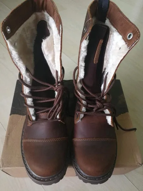 HOT! Genuine Leather Mens Round Toe Lace Up Mid-calf Boots Work Safety Soldiers Ridding Boots Man Winter Snow Boots