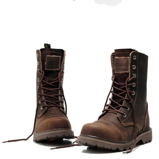 HOT! Genuine Leather Mens Round Toe Lace Up Mid-calf Boots Work Safety Soldiers Ridding Boots Man Winter Snow Boots
