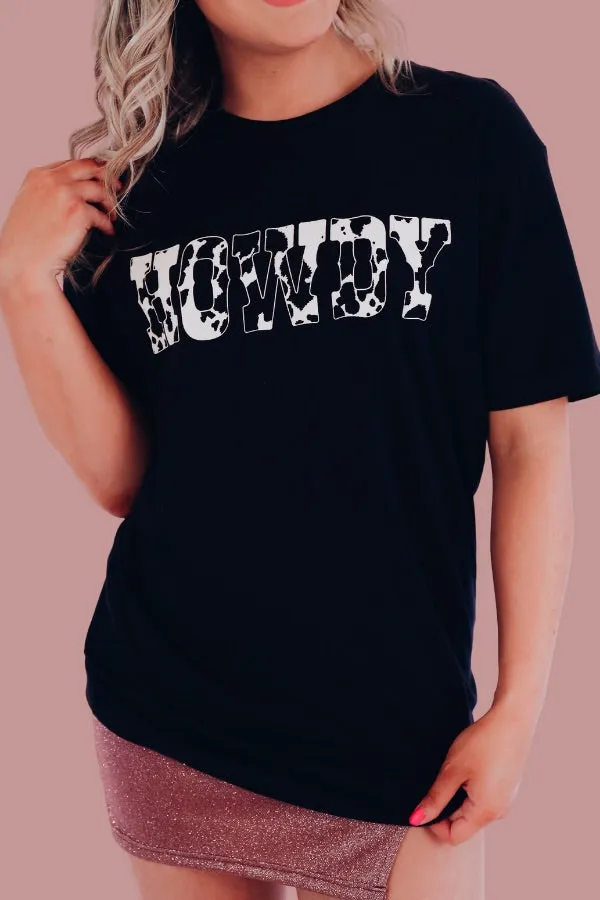 Howdy Cow Print Graphic Tee - Black