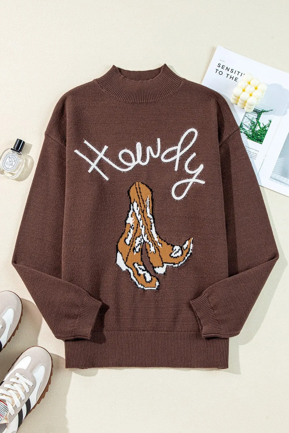 Howdy Cowboy Boot Sweater In Coffee