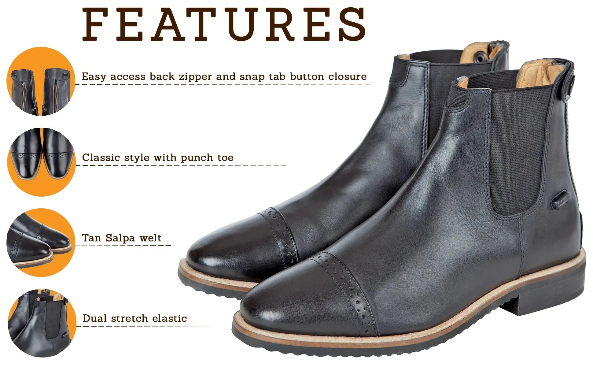 Huntley Equestrian Adult Classic Black Leather Zipper Paddock Boot