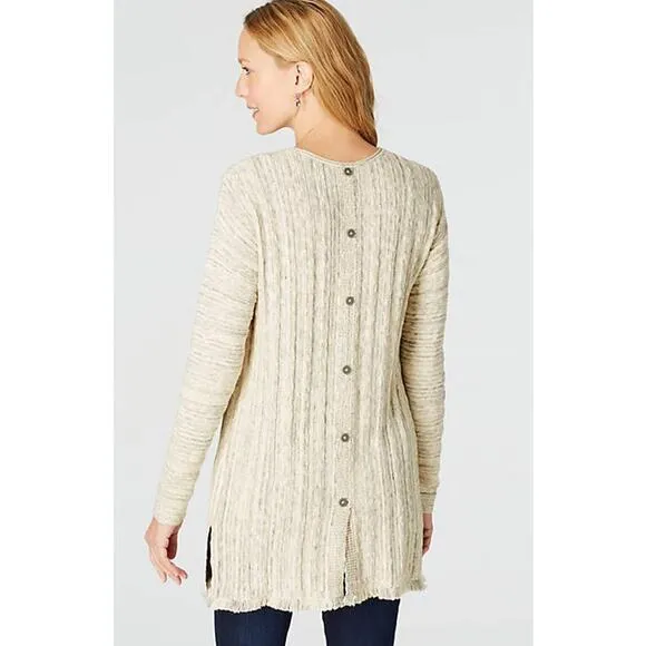 J Jill Cream Back Button Long Tunic Cotton Blend Fringe Sweater Womens XL new