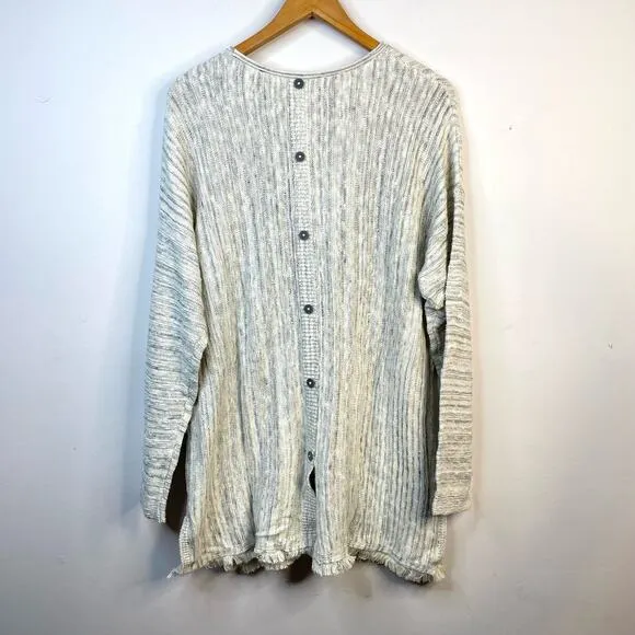 J Jill Cream Back Button Long Tunic Cotton Blend Fringe Sweater Womens XL new