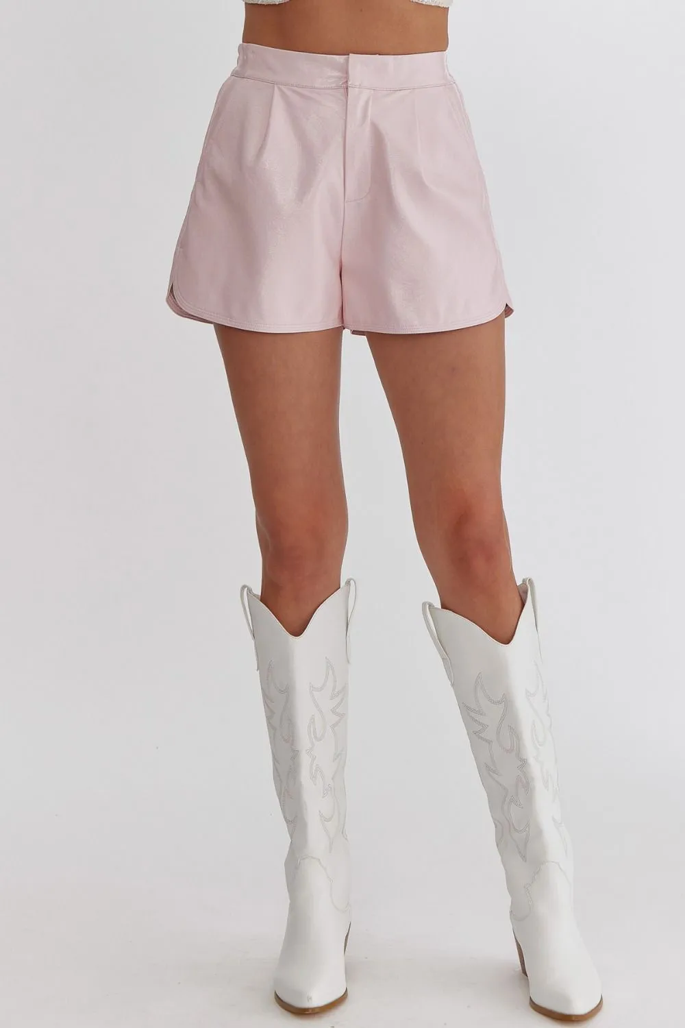 Julissa Metallic Faux Leather Elastic Waist Shorts (Light Pink)